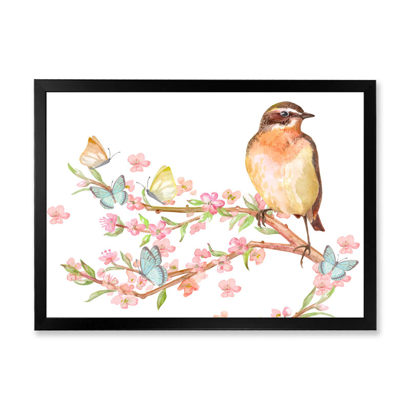 Adorable oiseau assis sur une branche de Sakura - Peinture sur toile encadrée, H 24 po x l 32 po x P 1 po, Cadre noir