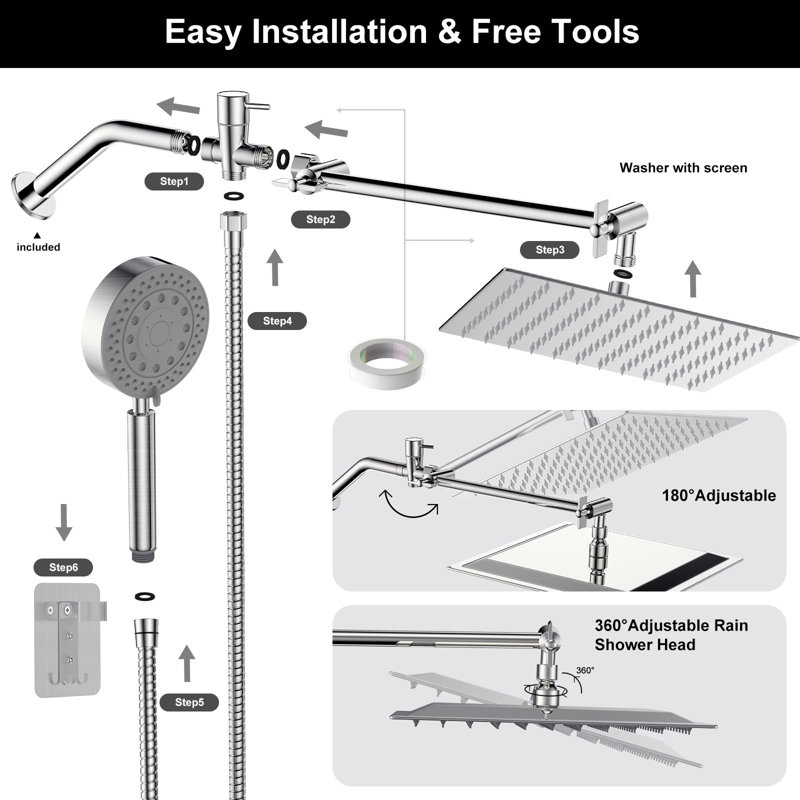 10" High-Pressure Rainfall Shower Head With Handheld Combo, 11" Adjustable Extension Arm & 5-Setting Adjustable SUS 304 Handheld Shower, 59" Hose, 2-In-1 Shower Holder