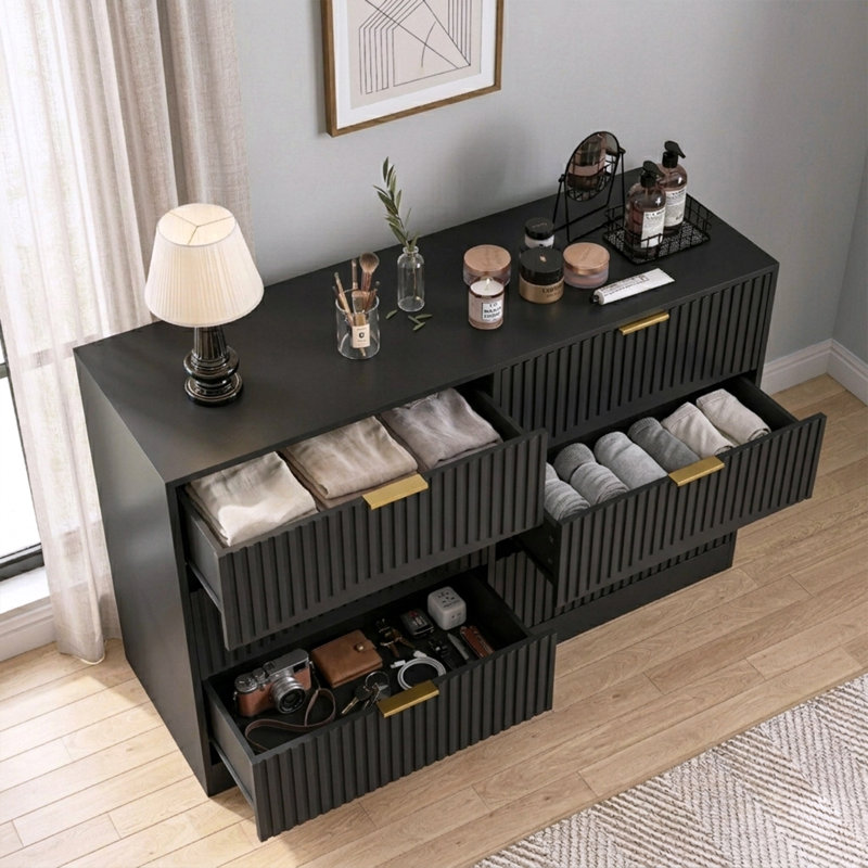Commode 6 tiroirs cannelée, grande commode noire, Noir