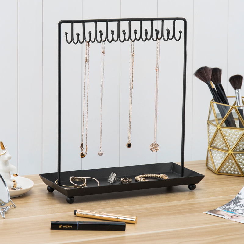 Black Metal 14-Inch Jewelry Organizer Stand with Hooks and Tray