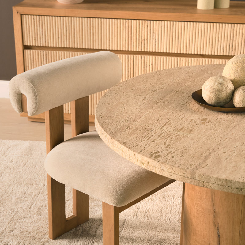 Ardith Curve Open Back Cream Chenille Tripod Frame Dining Chair, Beige, Natural Wood