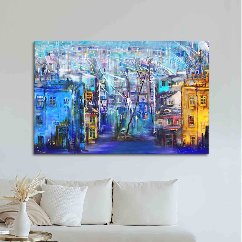 Art mural en verre trempé bleu et jaune pour décoration de maison élégante, H 18,1 po x l 28,3 po