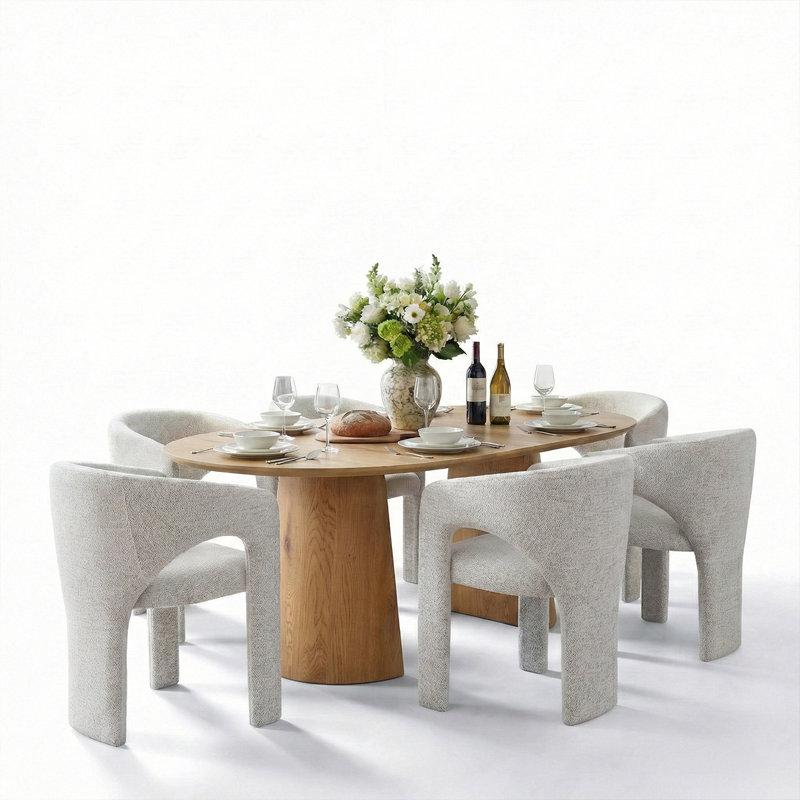 47"-83" Extendable Round To Oval Dining Table Set, Modern Wood Pedestal Dining Table With Upholstered Barrel Chairs