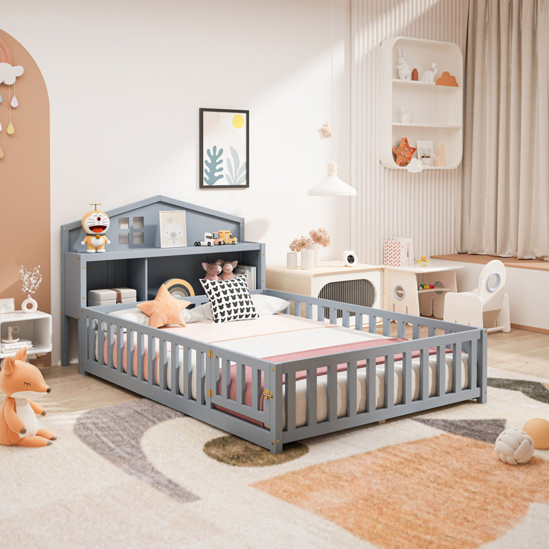 Full-Size Montessori Floor Bed With Bookcases And Blackboards, Versatile Platform Beds With Guard Rails, Solid Wood Floor Beds With Storage Headboards, Ideal For  And Teens