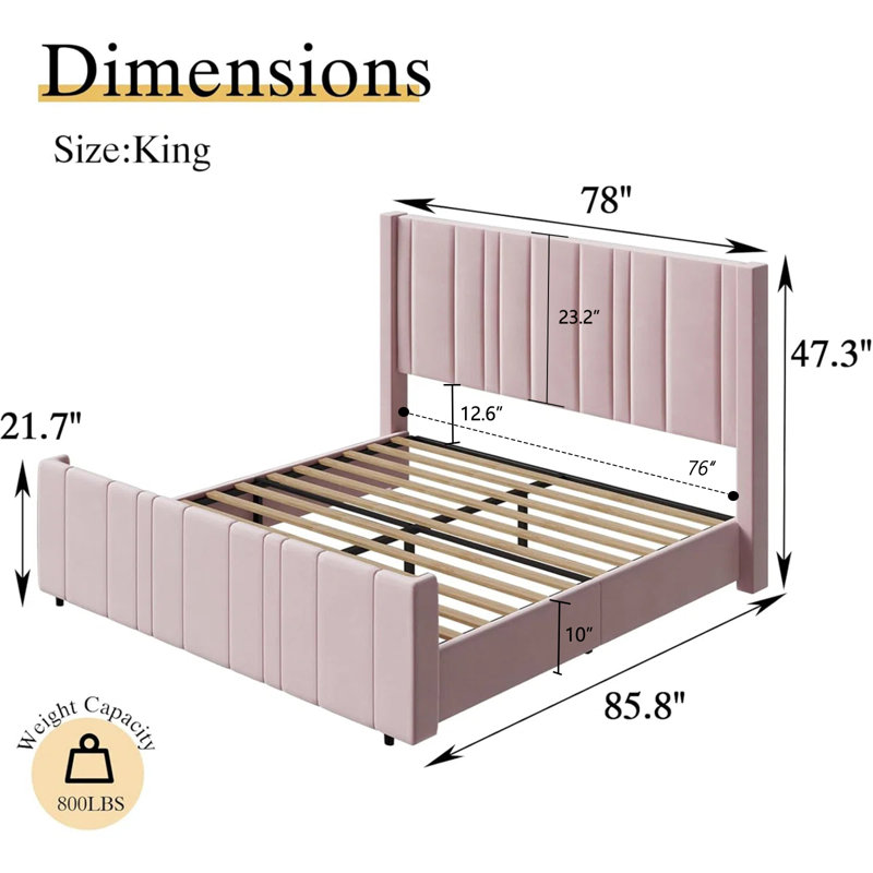 Upholstered Bed with Vertical Channel Tufted Headboard & 22" Footboard, King, Pink