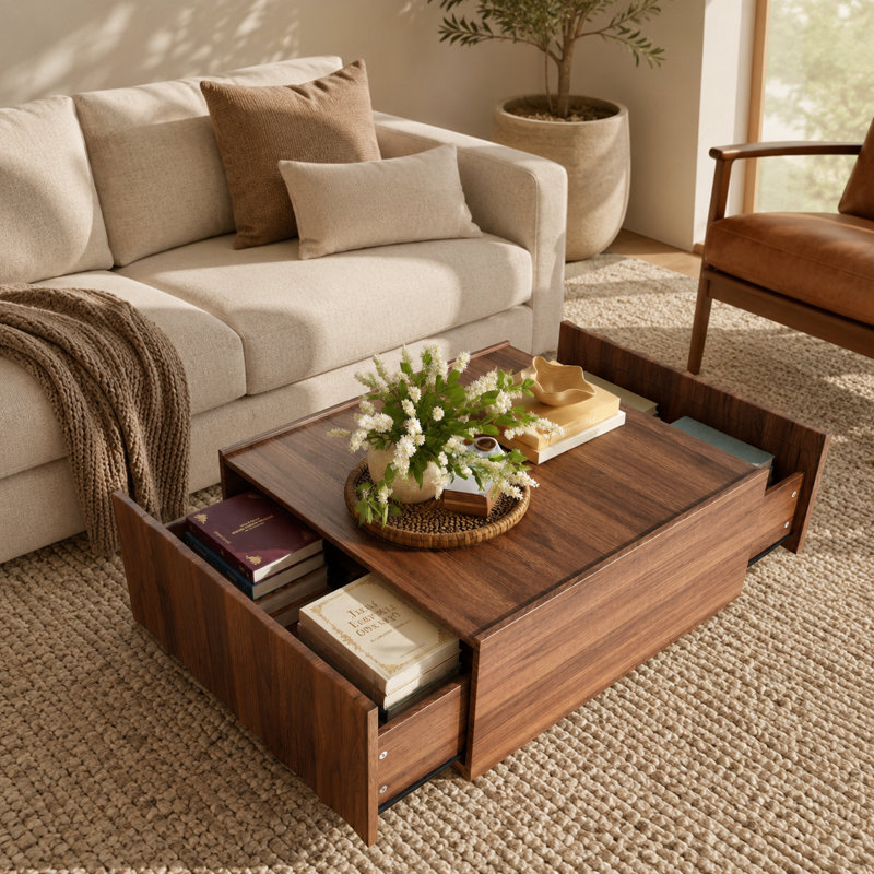 Table basse carrée avec rangement Eason, table basse moderne de style Mid-Century avec motif ondulé, finition grain de bois, table centrale minimaliste avec poignées sur le dessus pour salon, bureau, noyer