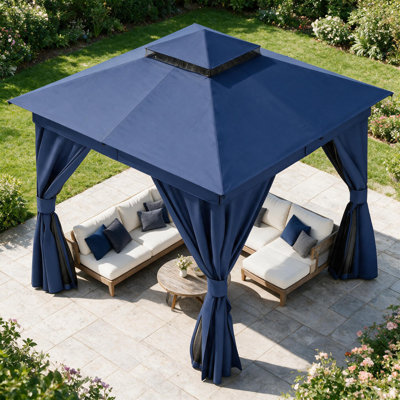 8 pi L 8 pi. D Pavillon de jardin en acier avec double toit souple, rideaux et moustiquaire