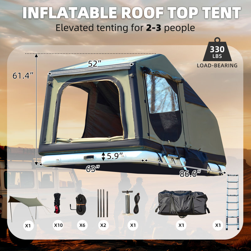Inflatable Rooftop Tent For Suvs With Air Mattress, 2 Tpu Skylights & Extendable Canopy, Multi-purpose Camping Tent With Telescopic Ladder