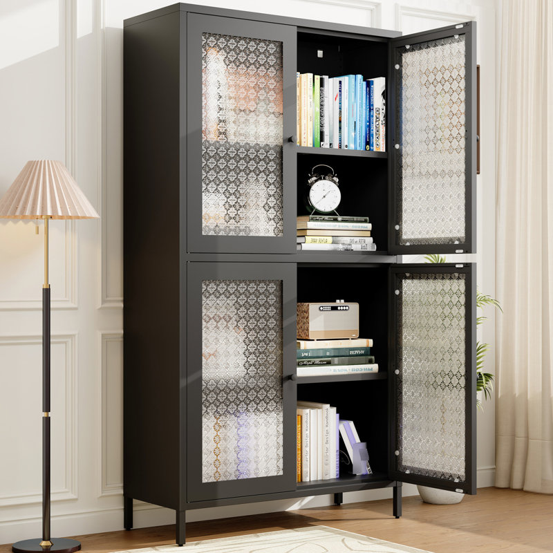 Metal Storage Cabinet With 4 Glass Doors And Shelves - Freestanding Unit For Home, Office, Living Room, Kitchen Black, Tempered Shelf Units Home Black Charisma