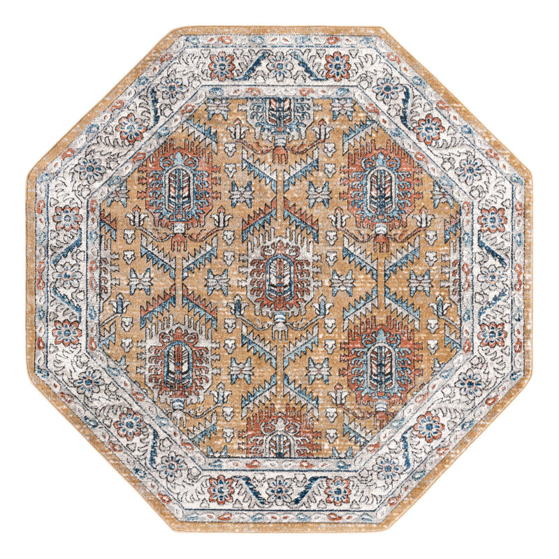 Weingartner Performance Mustard Yellow/Ivory/Blue Rug, Octagon 7' x 7'