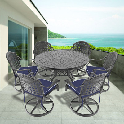 Andreoni All-Weather 7 Dining Configuration With 6 Swivel Seats And 47.24" Round Table, Aluminum, Black, Weather , Comfy Outdoor Table Chair Chairs Black Frame, Soft