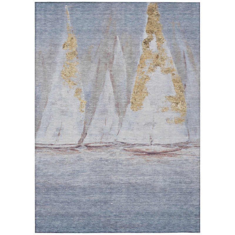 3' X 5' Blue And Gold Nautical Washable Indoor Outdoor Area Rug
