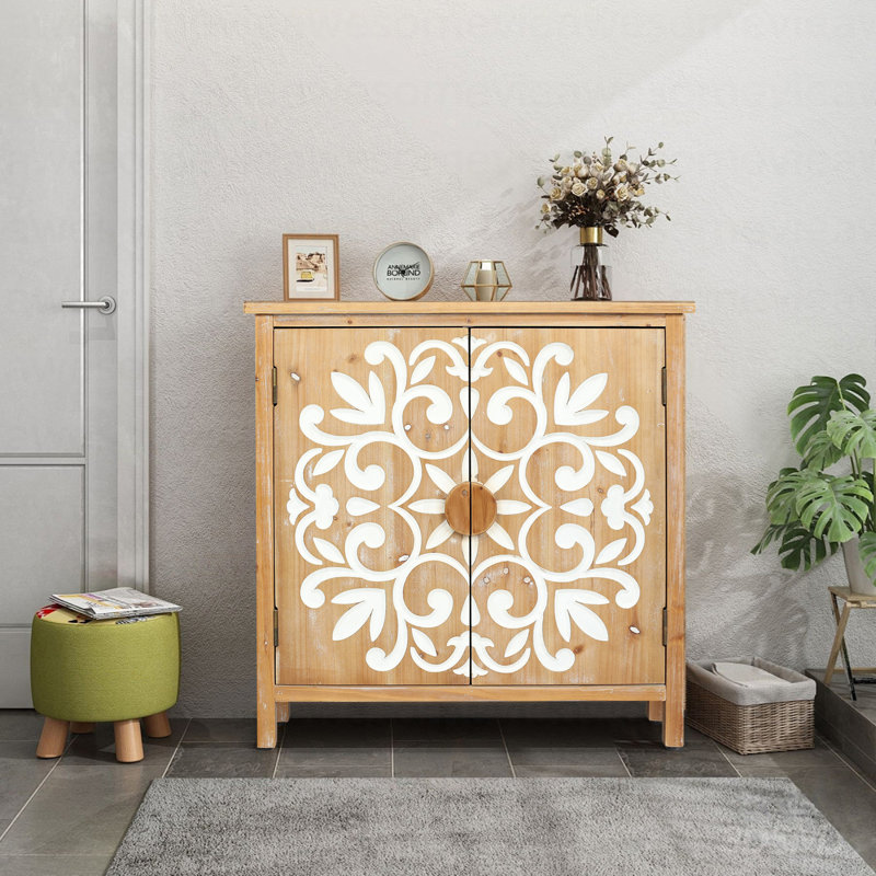 Rustic 2-door Wooden Accent Cabinet With Hand-carved Floral Design For Living Room, Entryway, Or Dining Room