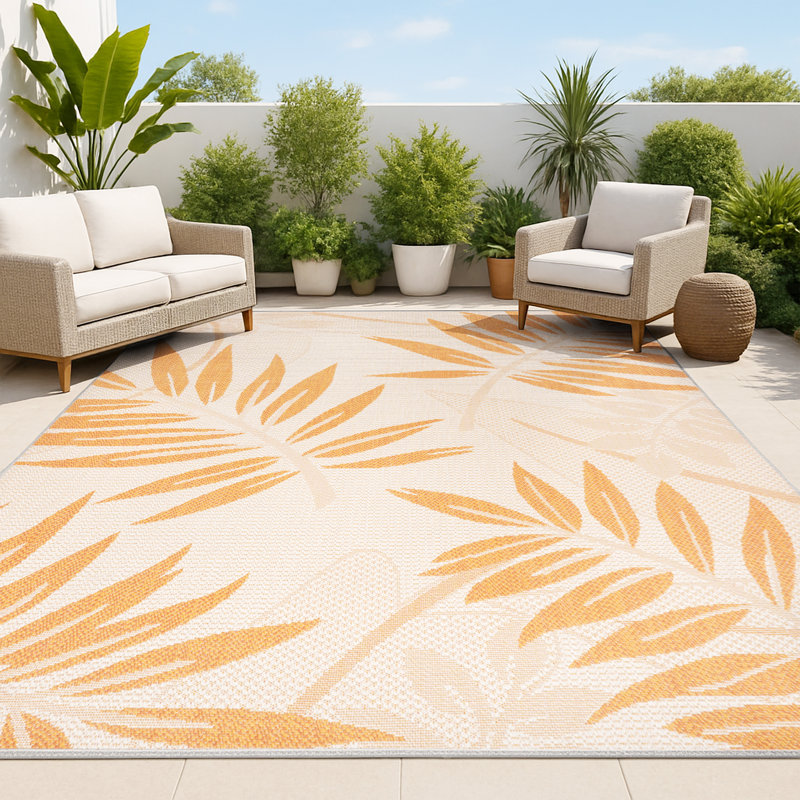 Tapis crème / orange Hallas Tropical, Rectangle 5 pi 3 po x 7 pi 7 po