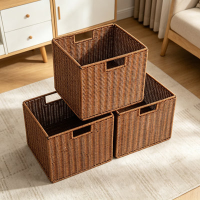 Handwoven Wicker Storage Basket With Handles, Foldable Organization Bin For Shelves, Pantry, Kitchen And Bathroom