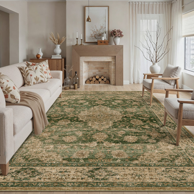 Tapis persan rétro avec envers antidérapant Auraloom, Vert, Rectangulaire 3 pi x 5 pi