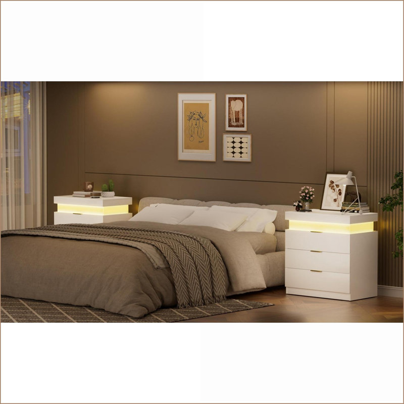Table de chevet moderne avec station de charge & amp; Lumières DEL, blanc - l 28,8 po x P 17 po x H 30,5 po, Blanc