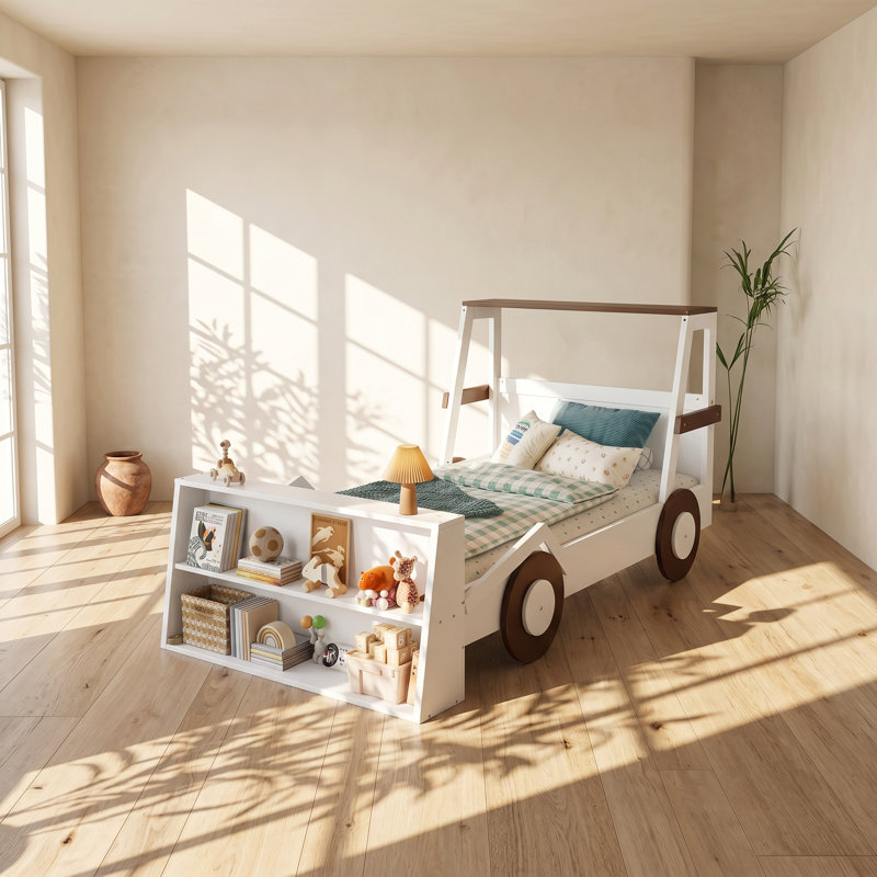 Lit voiture simple en bois de pin avec tablettes de rangement l 40,6 po x P 85,6 po x H 42,5 po Bonwell