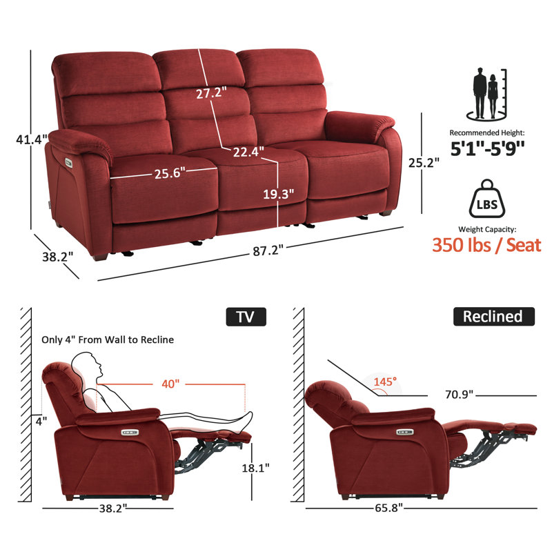 Power Reclining Sofa with Drop Down Table, Touch light, 3-Seat Recliner Couch with Adjustable Headrest, Burgundy