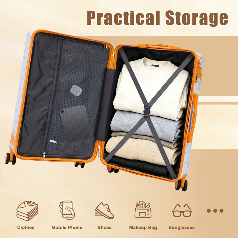 20 po / 24 po / 28 po 3 pièces / ensemble dans une valise à roulettes pivotantes pour PC, avec valise de transport, avec motif imprimé et serrure à combinaison