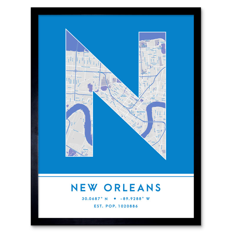 New Orleans Louisiana United States City Map Blue 1 Piece Single Picture Frame Wall Art