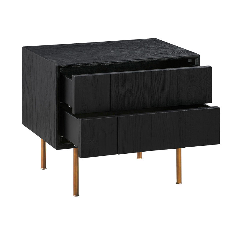 Table de chevet 2 tiroirs Carnaby en chêne brossé noir et bronze