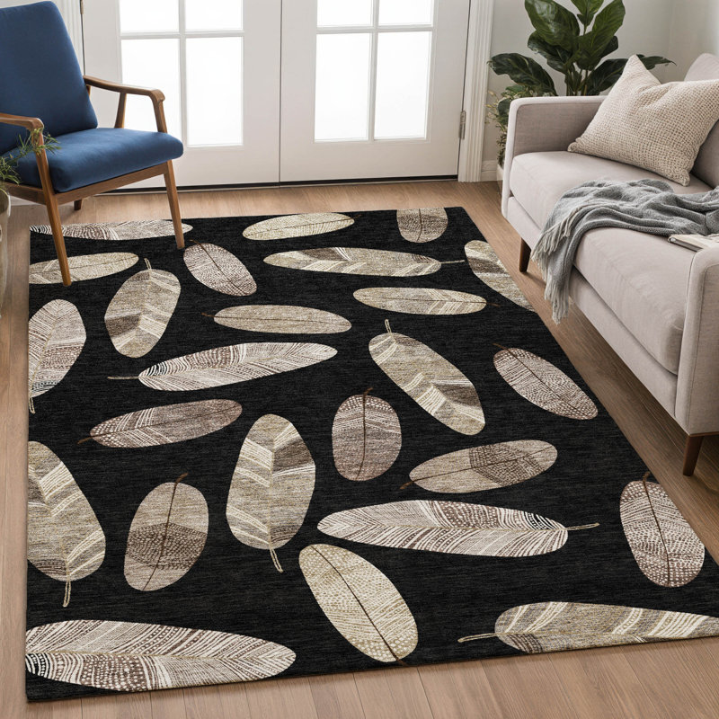 Machine Washable Indoor/Outdoor Chantille ACN2649 Botanical Rug, 3' x 5', Black