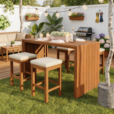 5-Piece Outdoor Bar Set, Acacia Wood Bar Height Table & 4 Stools with Cushions, Patio Bar Dining Set for Backyard, Poolside & Balcony, Natural Wood with Beige Cushions