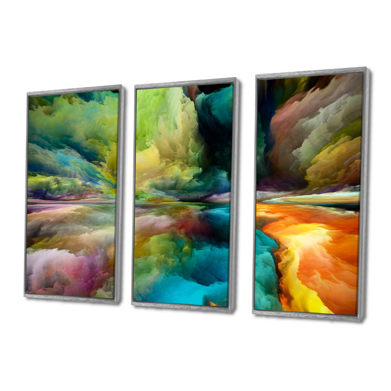 Ensemble de 3 reproductions colorées de dégradés de montagnes et de nuages surréels sur toile tendue, H 40 po x l 60 po
