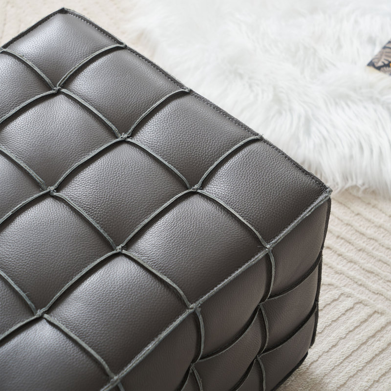 17.32 Wide Elegant Genuine Leather Tufted Ottoman Footstool - Modern Square Accent Stool for Living Room, Bedroom, & Kids Room