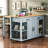47" Wide Extendable Kitchen Island with Rubber Wood Veneer, Power Outlet, 2 Drawers and 2 Cabinets, Rolling Kitchen Table with Storage for Kitchen, Dining Room, Grey Blue
