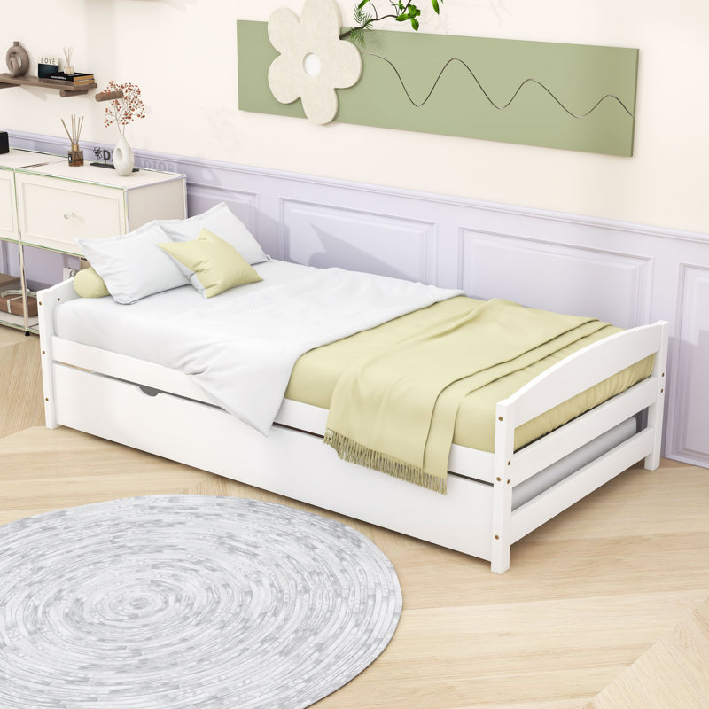 Lit plateforme simple avec lit gigogne coulissant simple et tête de lit, pied de lit, Blanc