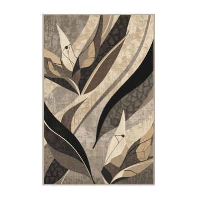 Machine Washable Ortmund Bird Of Paradise Modern & Contemporary Abstract Rug in Beige – Beige Binding