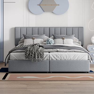 King Size Upholstered Platform Bed With A Hydraulic Storage System, Beige