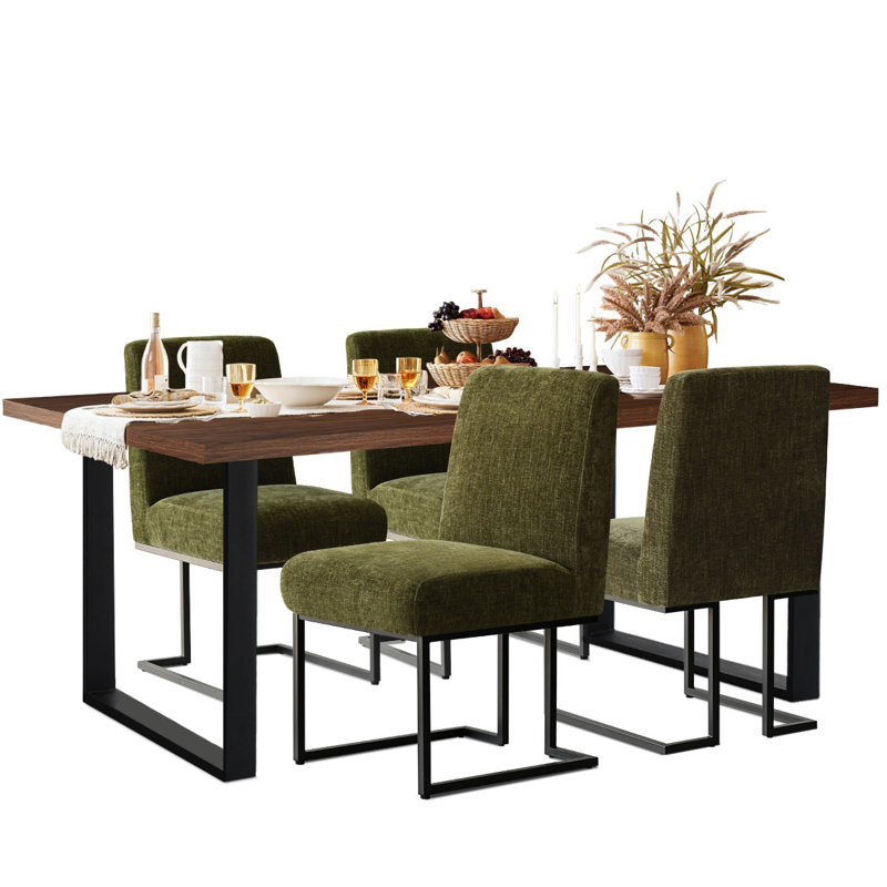 Cederick 4-Person Dining Set with Rectangular Table, Green, Walnut