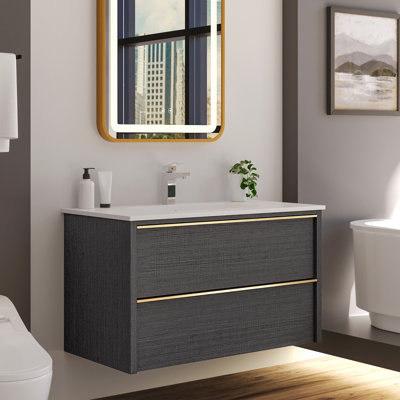 Meuble-lavabo flottant 36 po, meuble-lavabo moderne avec 2 tiroirs et poignées en métal, meuble-lavabo gris (gris avec lavabo, 36)