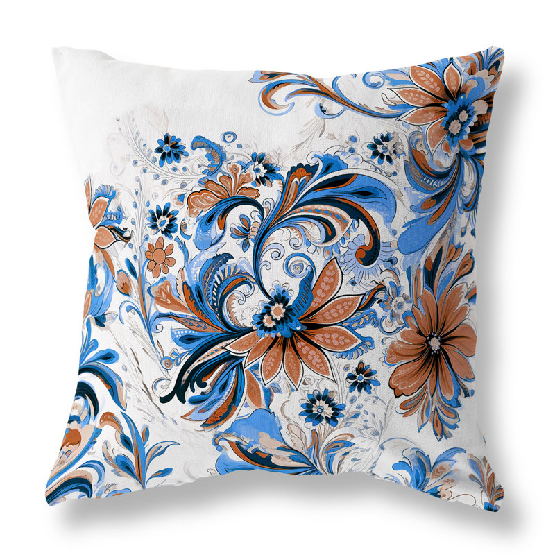 Blue and Red Floral Faux Suede Square Throw Pillow