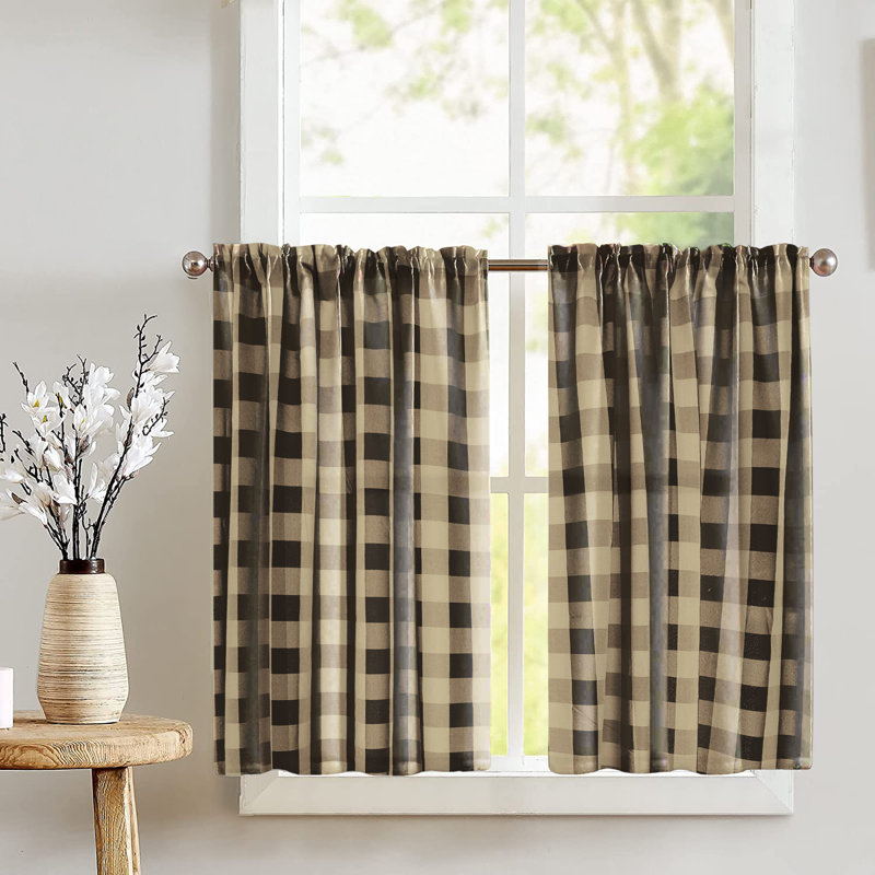 Black and Tan Checkered Polyester Kitchen Cafe Curtains