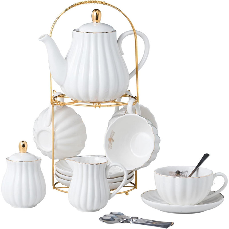 Fine China Coffee Cup, ensemble de tasses à thé et soucoupe avec théière, bol à sucre, crème, pichet, cuillères à café et passoire à thé, service à thé, 17 pièces pour 4