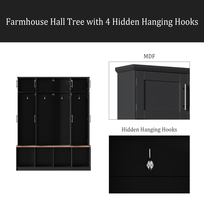 Farmhouse Hall Tree With 4 Hidden Hanging Hooks, Versatile Walnut Seating Bench With 8 Doors, Entryway Shoe Cabinet With Open Compartments For Living Room