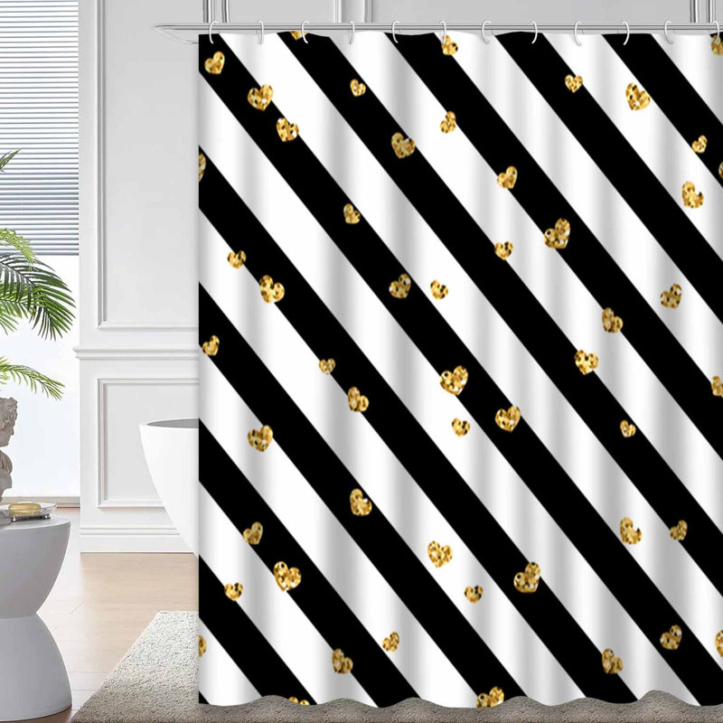 Rideau de douche à motif géométrique noir et blanc avec 12 crochets Gold Heart, L 72 po x l 78 po