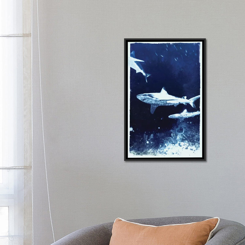 Indigo Sharks par 33 Broken Bones - impression sur toile tendue, H 26 po x l 18 po x P 1,5 po, Toile avec cadre noir