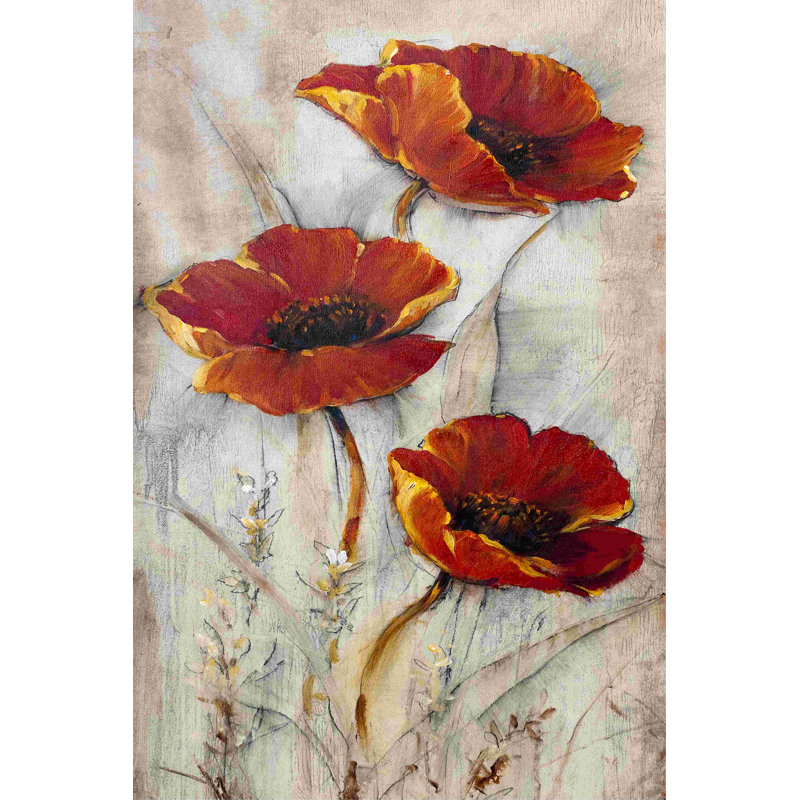 Coquelicots rouges sur taupe II, H 18 po x l 12 po