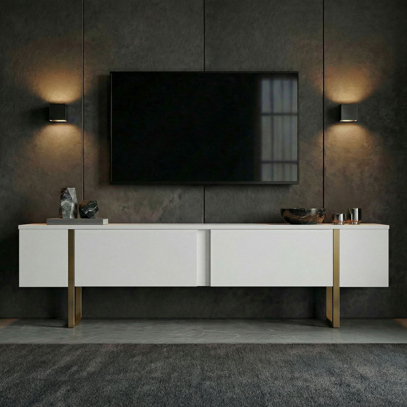 Modern TV Stand with Elegant White & Gold Finish, 70.9 x 19.7 x 11.8 inches | 100% Melamine Coated Particle Board, Thickness: 0.7 inches | Stylish Design for Living Room & Entertainment Spaces, Durable & Chic Home Furniture