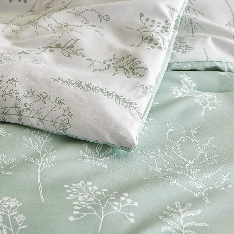 Mignon ensemble d'édredon floral 3 pièces, Grand lit, Vert sauge
