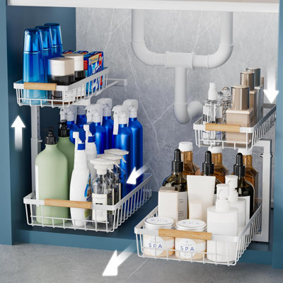 2 Pack Under Sink Organizers With Adjustable Height, Pull-Out Design, And L-Shaped Storage For Bathroom And Kitchen Cabinets