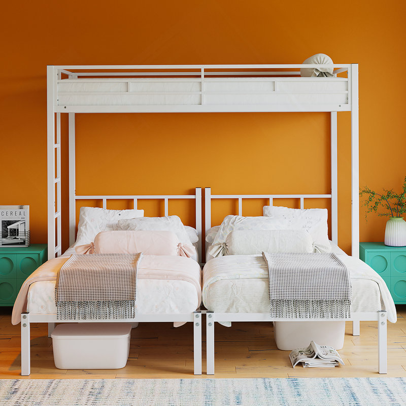Lit superposé simple au-dessus d'un lit simple au-dessus d'un lit simple, lit simple en métal avec garde-corps et échelle, lit convertible 3 lits, pour dortoir, chambre d'amis, aucun sommier requis, blanc