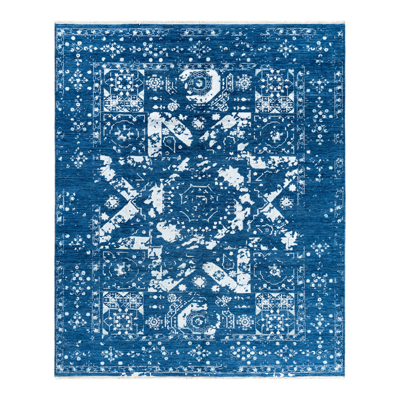 Tapis noué à la main de conception unique Ikat - bleu, 8 pi 2 po x 9 pi 10 po