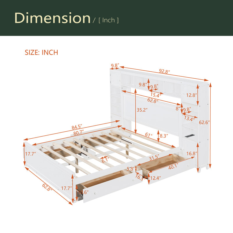 Grand lit en bois avec armoire, tablette et prises tout-en-un, Blanc