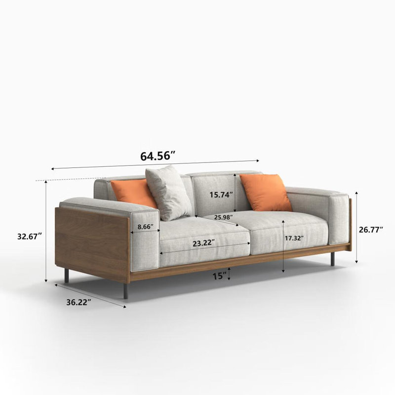 Canapé en tissu gris moderne de 64 pouces avec coussins décoratifs pour le salon, H 33 po x l 64 po x P 36 po